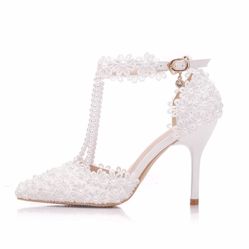Breakj Breakj White Lace Wedding Shoes One-Word Wristband Bridal Shoes Fine Heel Tip Wedding Shoes Women's Sandals