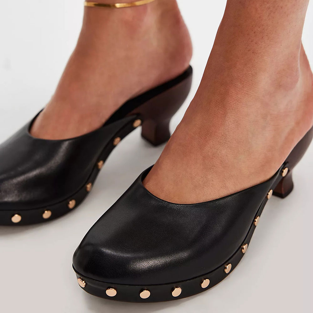 Classic Black Faux Leather Studded Low Spool Heel Slip-On Mules Shoes Nicepairs