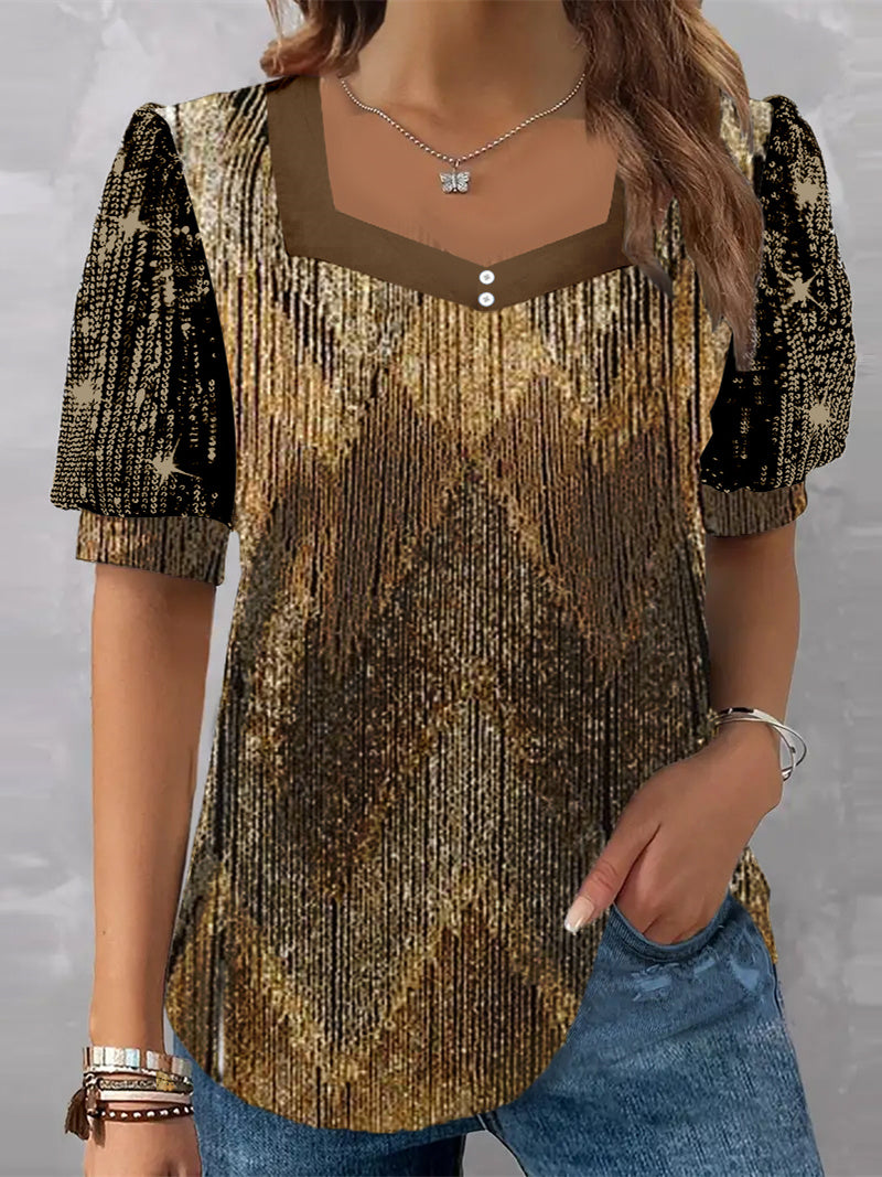 Women's Short Sleeve V-neck Graphic Printed Sequins Stitching Top