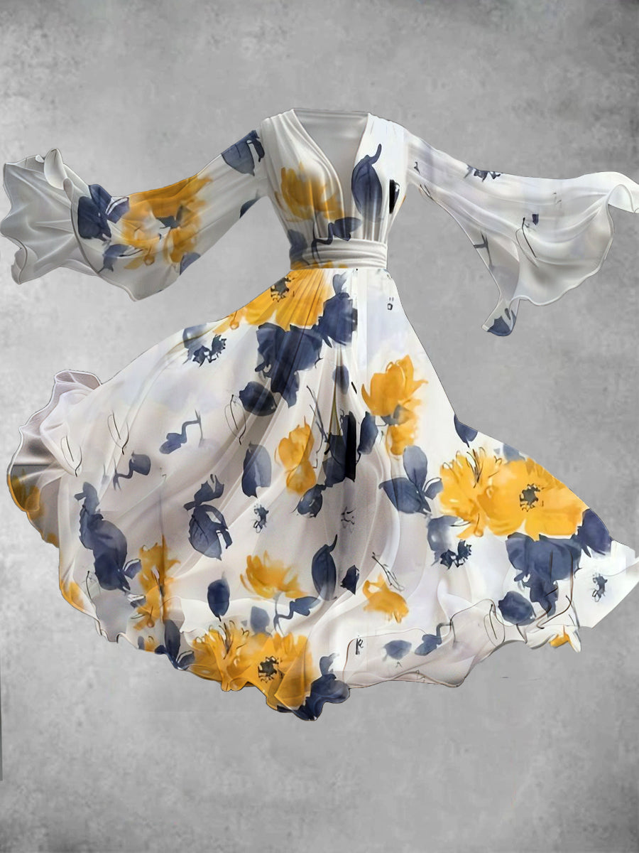 Retro Floral Art Print V-neck Long Sleeve Flowy Midi Dress