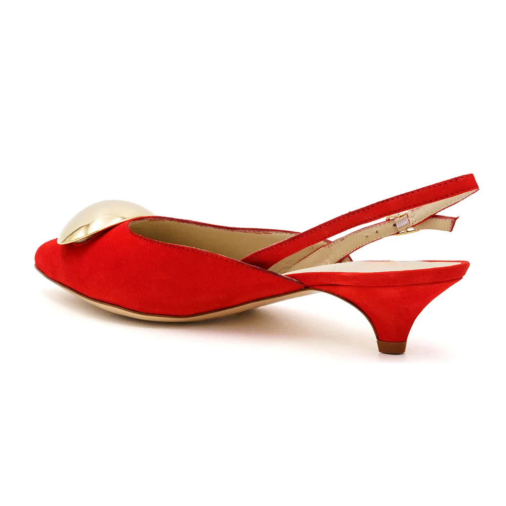 Pointed Toe Low Heel Buckled Slingback Red Pumps with Gold Detail