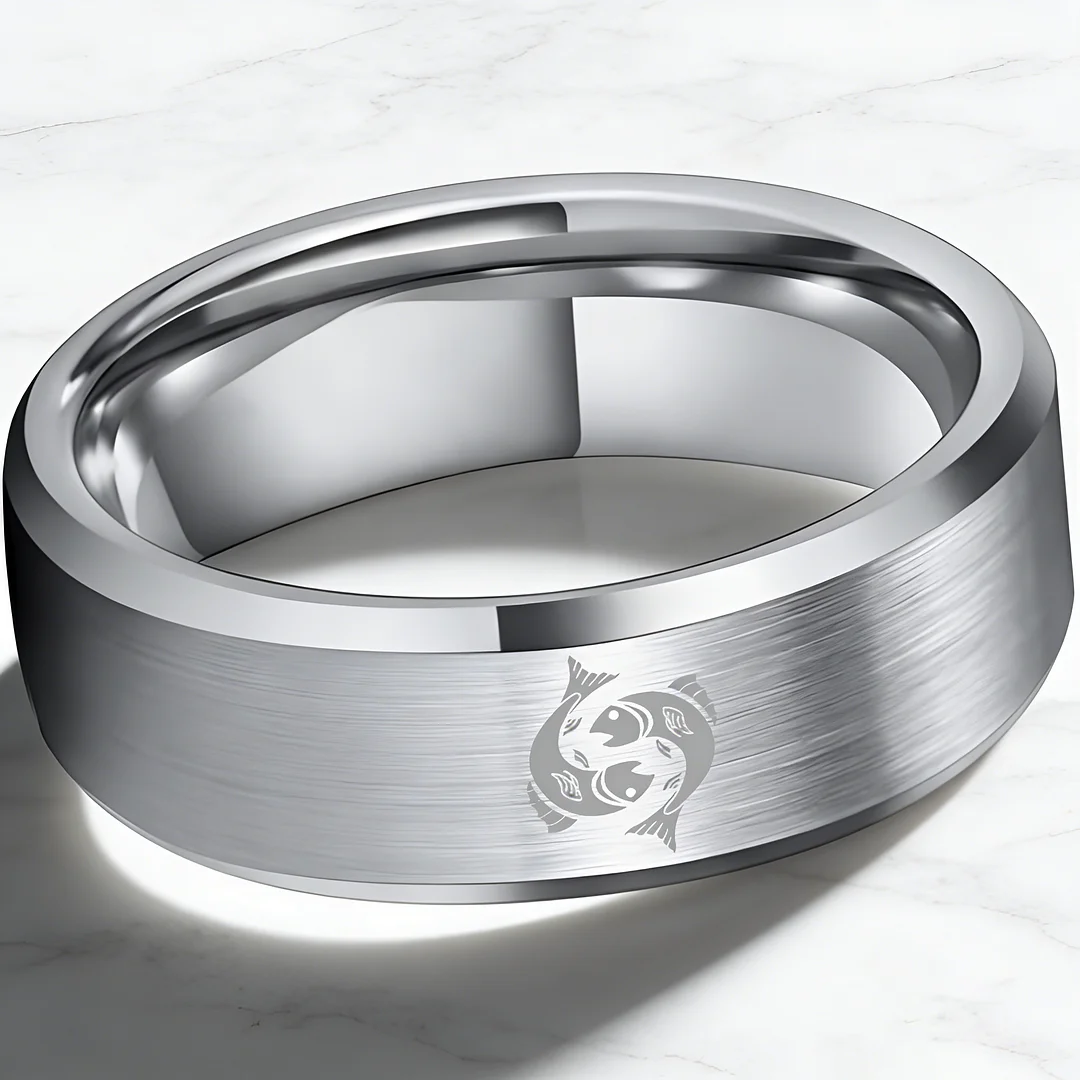 Mens Womens Sliver Pisces Tungsten Carbide Rings Sliver Edges and Laser Etched Wedding Bands Comfort Fit 4MM 6MM 8MM Width