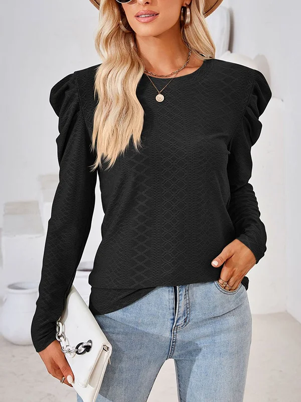 Solid Color Pleated Puff Sleeves Loose Round-Neck T-Shirts Tops