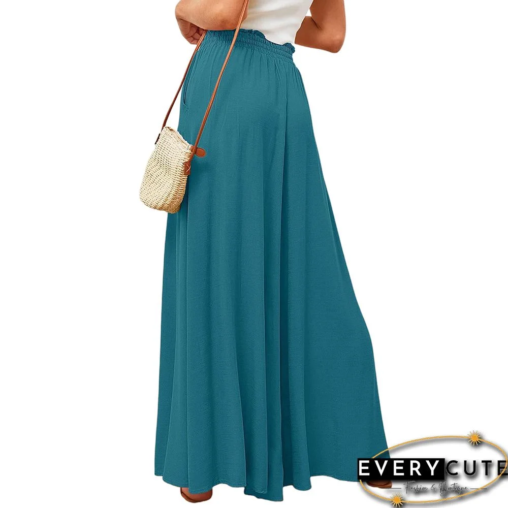 Peacock Blue High Waist Elastic Waistband Long Culottes