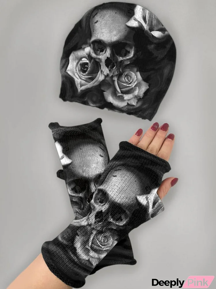 (Ship within 24 hours)Skull print knitted hat + fingerless gloves set