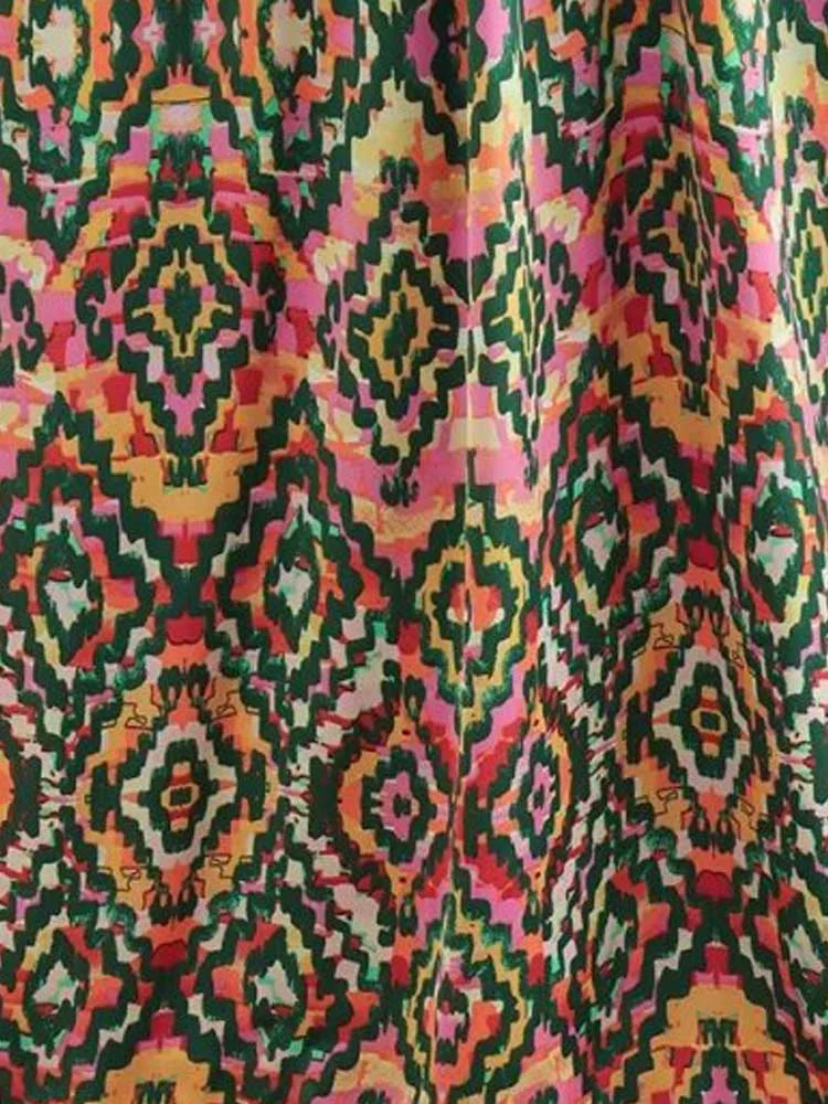 Uveng 2023 Women Summer MIDI Dress Vintage Print V-Neck Hollow Out Long Sleeve Female Elegant Split Dresses Clothing