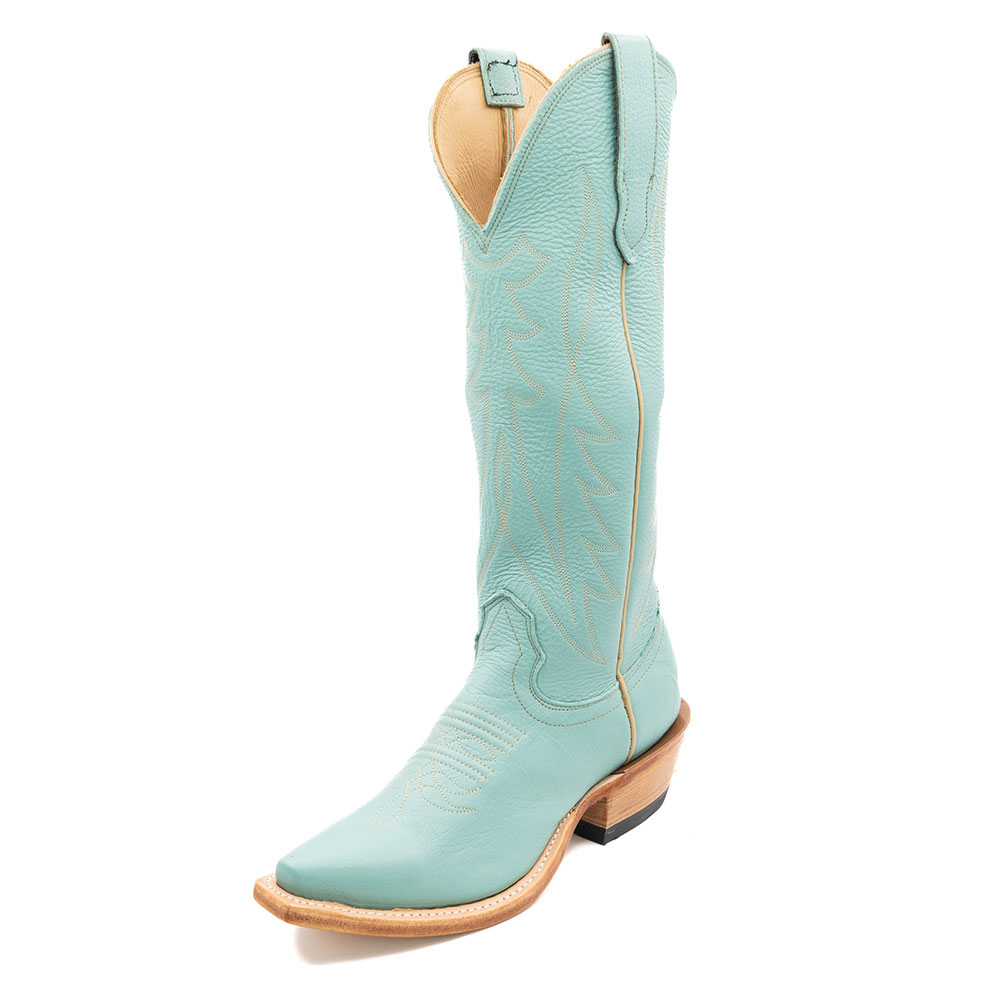 Snip Toe Chunky Heel Embroidered Knee-High Cowgirl Boots in Turquoise Nicepairs