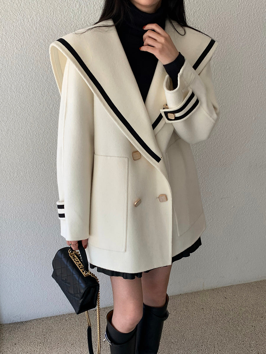 Sailor Collar Woolen Blends Coat Double Breasted Big Pockets