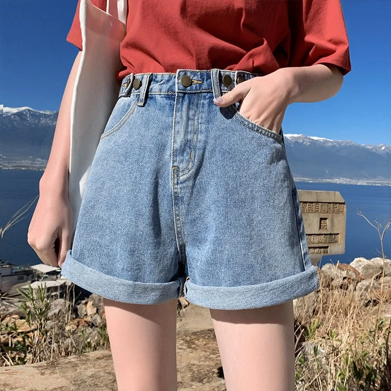 FTLZZ New Summer Women High Waist Wide Leg Denim Shorts Casual Female Loose Fit Streetwear Solid Color Straight  Jeans Shorts