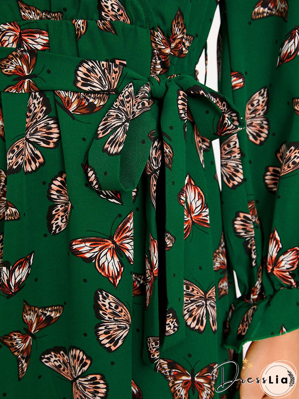 Butterfly Print Belt Long Sleeve V-neck Maxi Dress