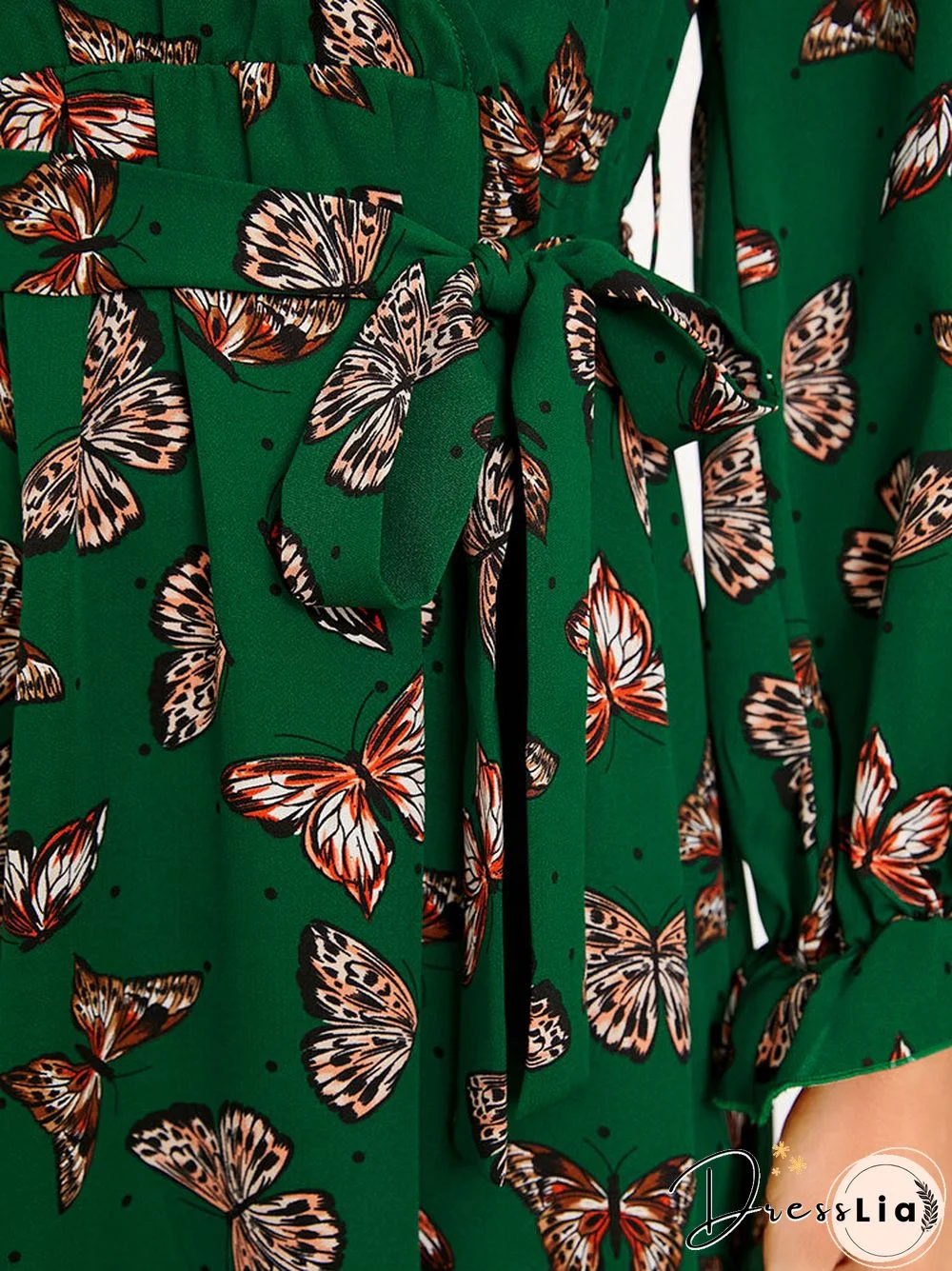 Butterfly Print Belt Long Sleeve V-neck Maxi Dress