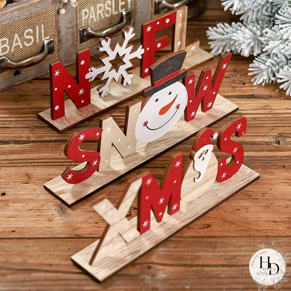 Wooden Freestanding Letters Sign Santa Claus Snowman Snowflakes Christmas Party Home Decorations Desk Xmas Table Gift