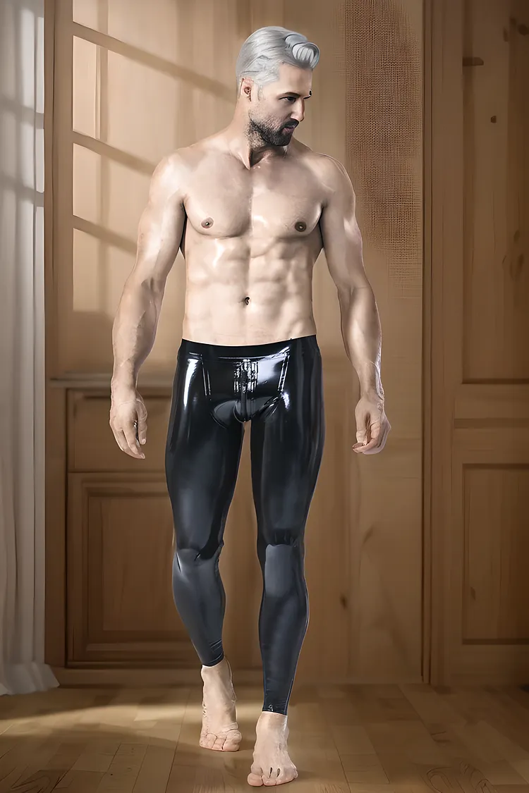 Men's Latex Leggings Male Standard Leggings Classic Black Minimalist Leggings with 3-Way Zip