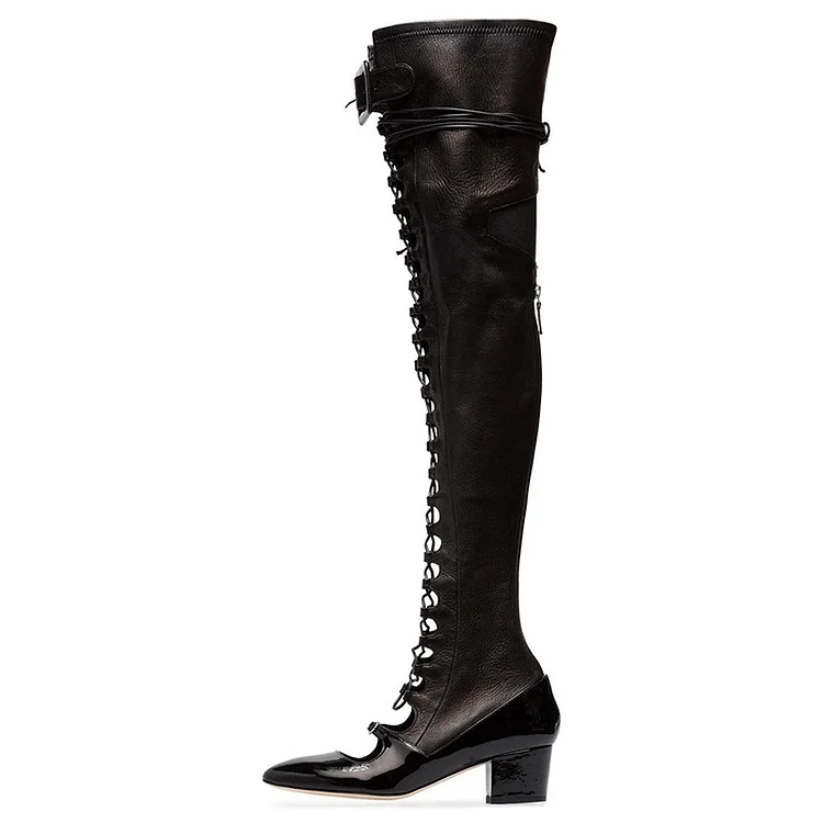 Black Patent Leather Over The Knee Lace Up Boots with Block Heels |FSJ Shoes