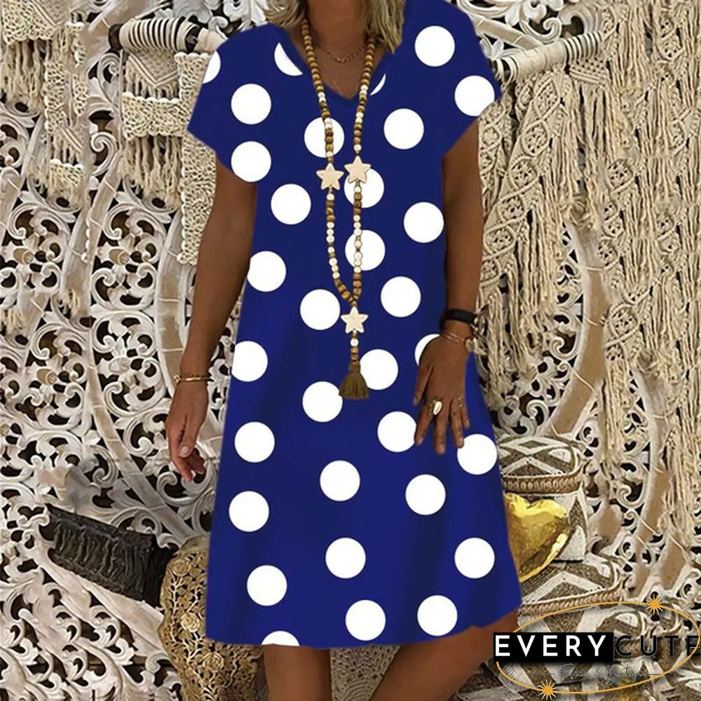 Women's Dress Summer New Fashion Women's V-neck Dots Printed Casual Short Sleeve Dress Loose Soft and Comfortable Plus Size Dress S-5XL
