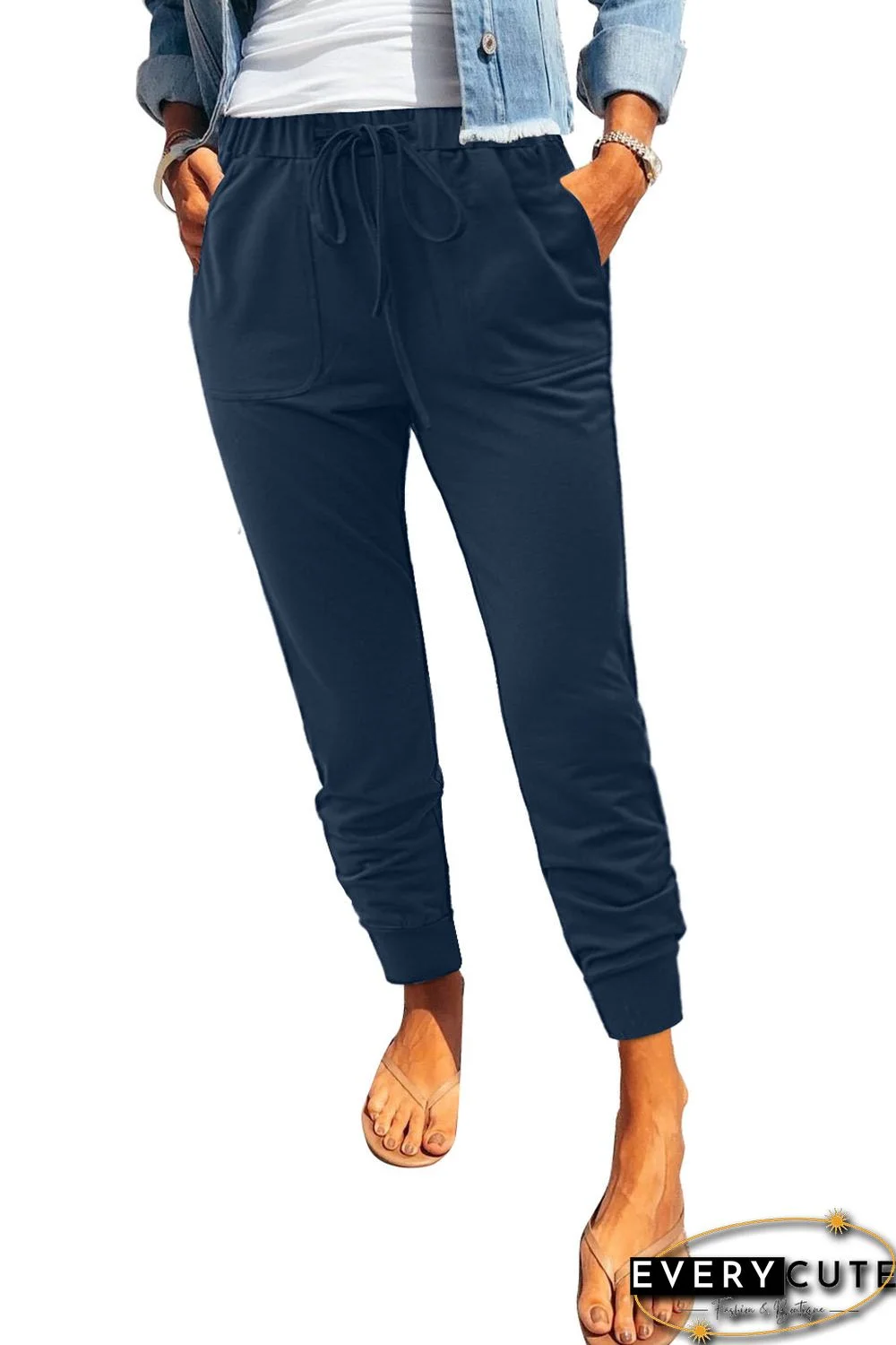 Blue Solid Drawstring Elastic Waist Pants with Pocket