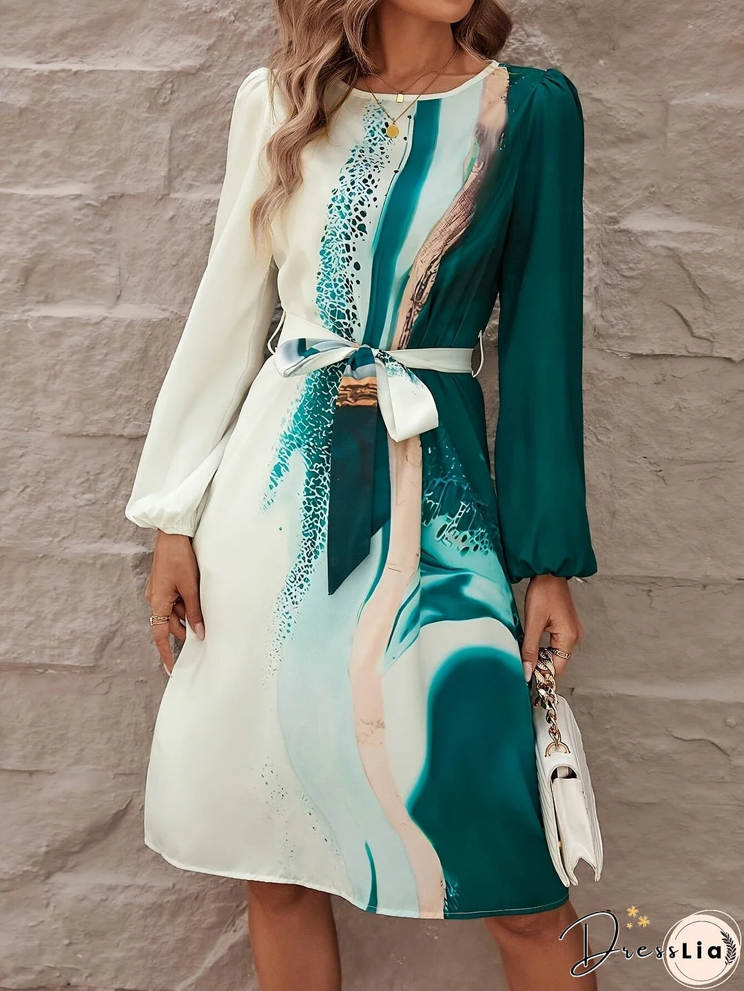 Color Block Belted Dress, Elegant Long Sleeve Dress For Spring & Fall, Women's Clothing