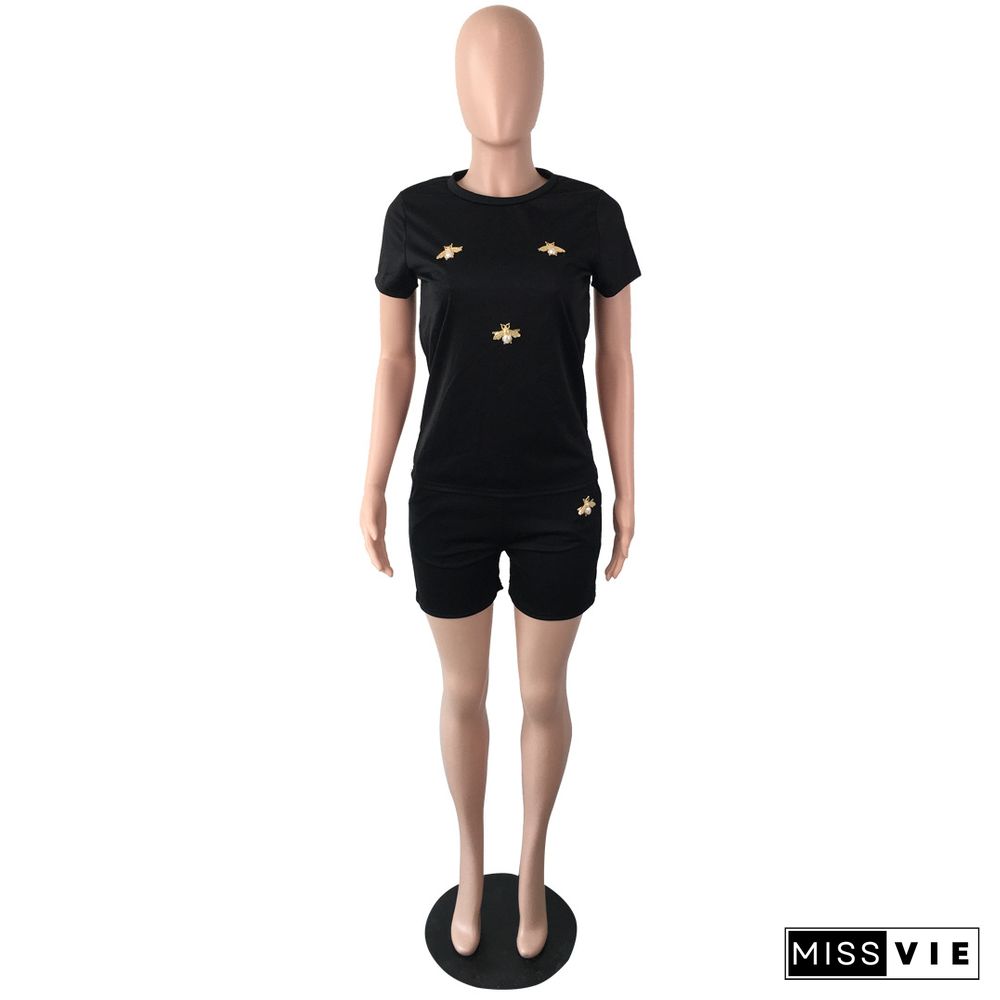 Summer Fashion New Bees Decorative Solid Color Short Sleeve T Shirt Pocket Shorts 2 Piece Set