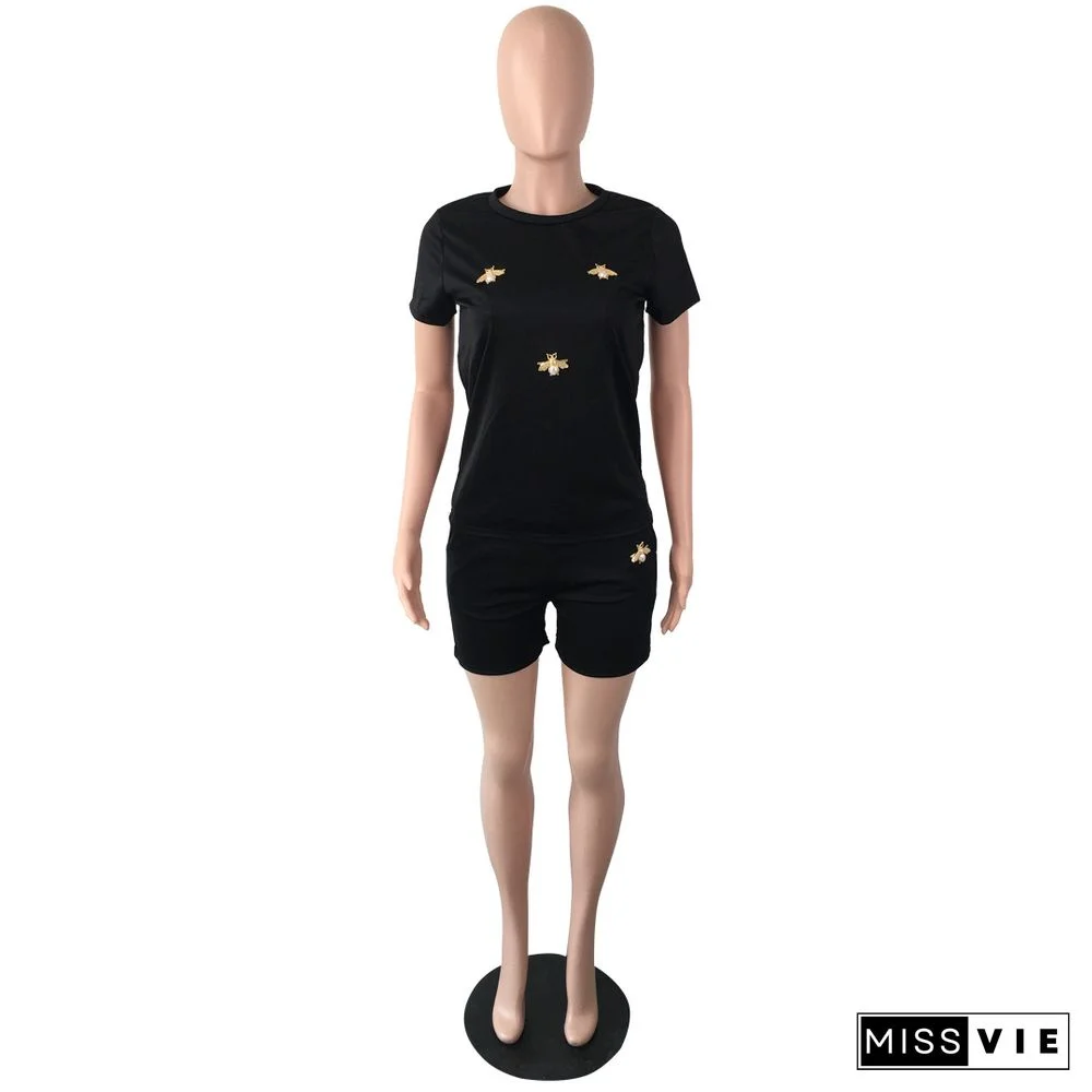 Summer Fashion New Bees Decorative Solid Color Short Sleeve T Shirt Pocket Shorts 2 Piece Set