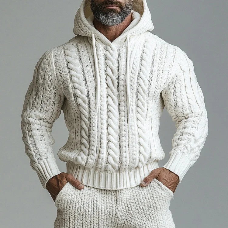 VChics Men'S Vintage Jacquard Knit Chunky Hooded Sweater