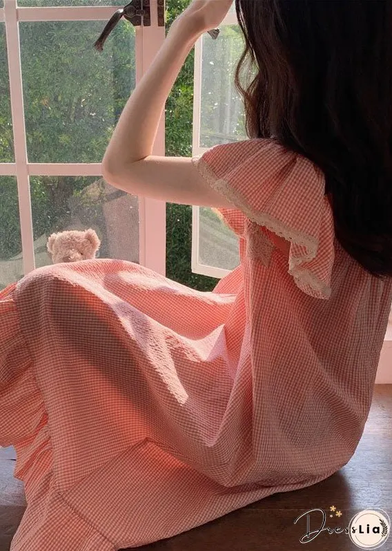 Italian Pink Lace Patchwork Ruffled Plaid Print Cotton Dress Summer