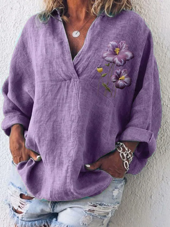 Women's Cotton And Linen Purple Floral V-Neck Top
