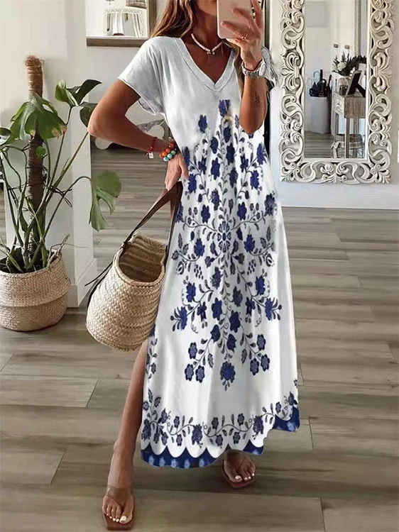 Short Sleeve V Neck Casual Printed Maxi Dress