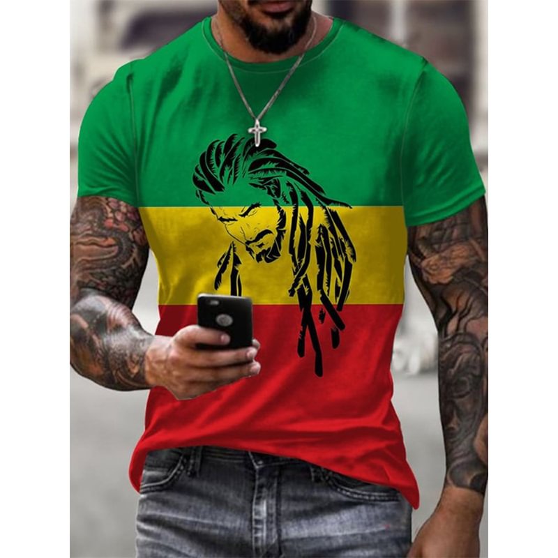 Men's Reggae Print Contrast Short Sleeve Casual T-shirt