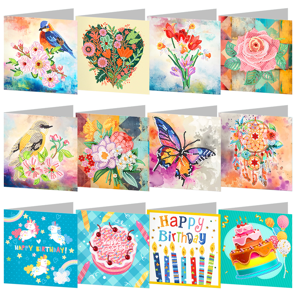 12Pcs Animal Flower Diamond Painting Greeting Card Arts Crafts Gift for Birthday