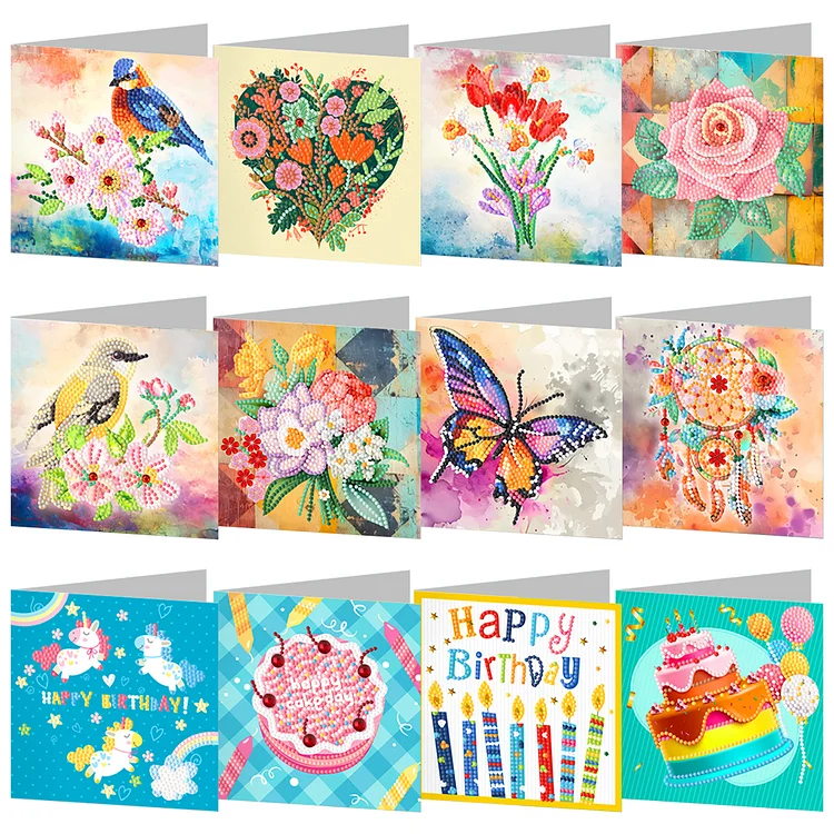 12Pcs Animal Flower Diamond Painting Greeting Card Arts Crafts Gift for Birthday gbfke