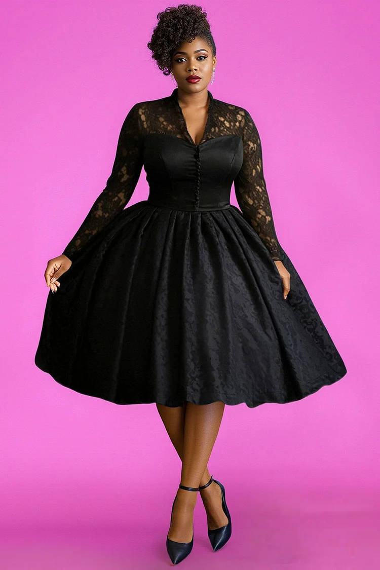 Xpluswear Design Plus Size Cocktail Party Black V Neck Long Sleeve See Through Vintage Lace Midi Dresses [Pre-Order] 2024 - Xpluswear