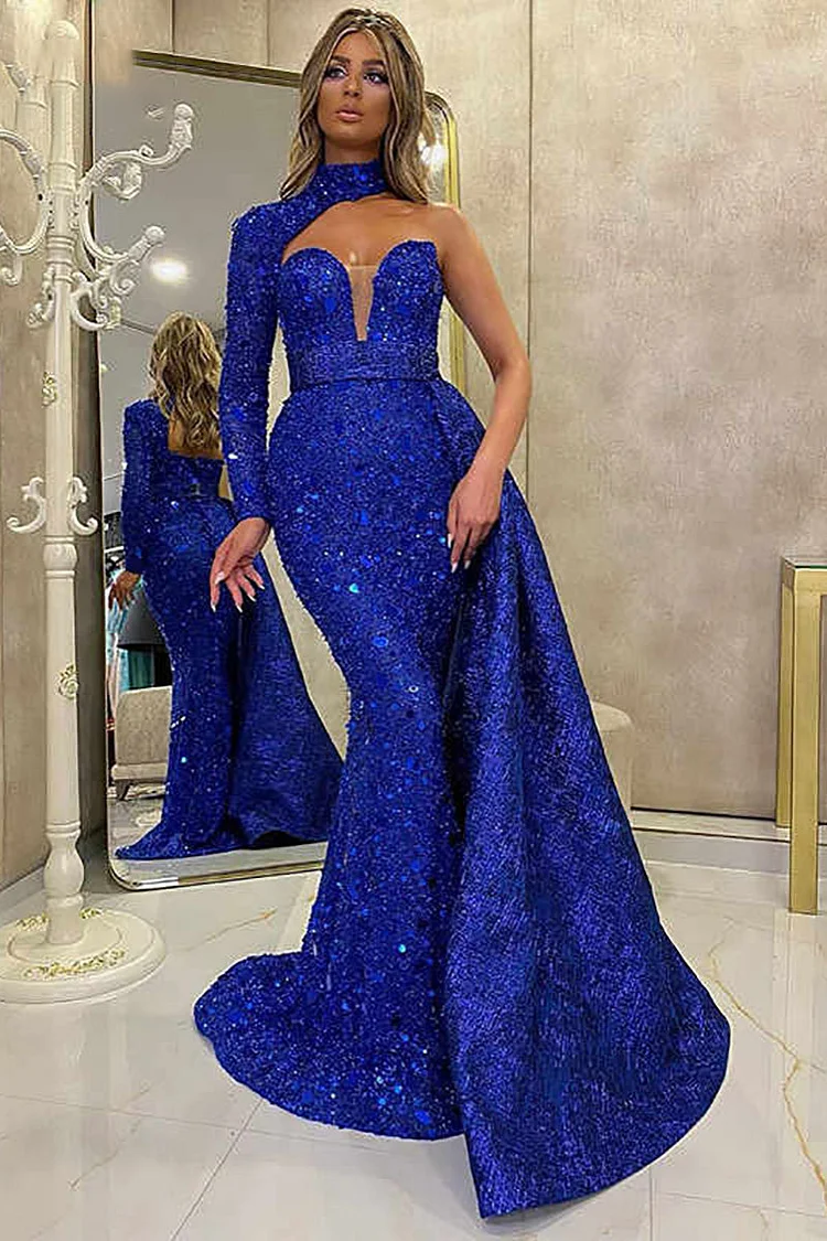 One Shoulder Long Sleeve Sequin Formal Party Maxi Mermaid Cape Dresses