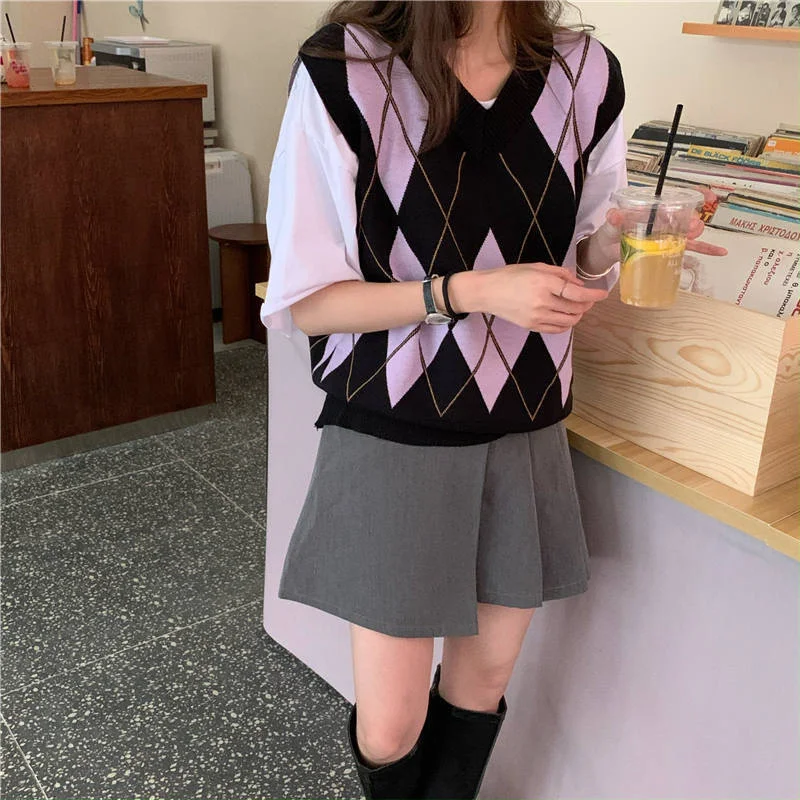 Panelled Argyle Sweater Vest Women V-neck Fresh Students Knitted Loose Spring Korean Style Leisure Soft Gentle All Match Chic