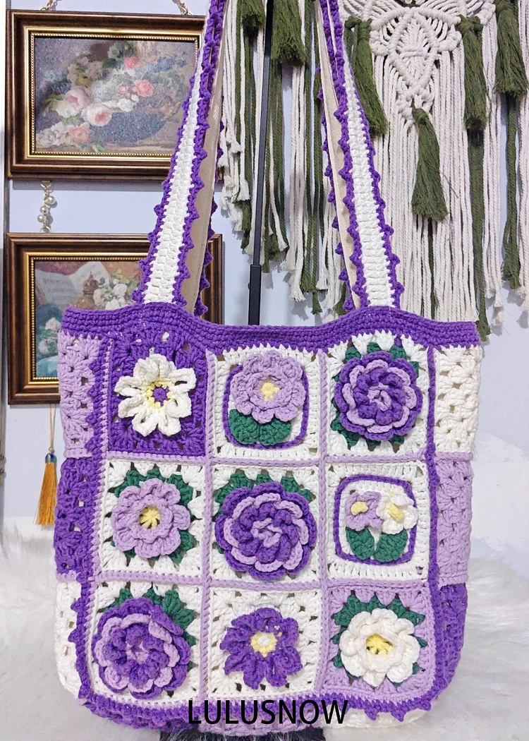 Lulusnow Handmade Purple 3D Flower Granny Square Crochet Tote Bag Shoulder Bag For Girls