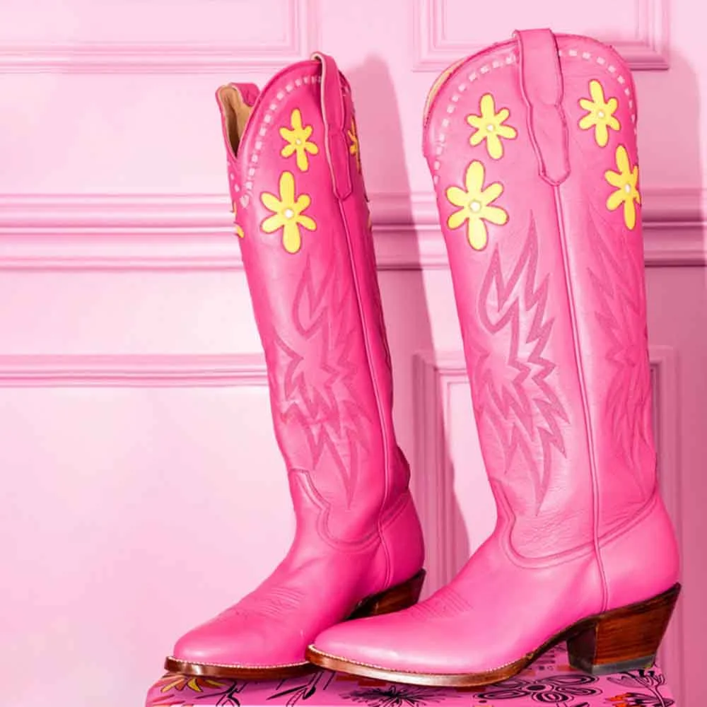 Pink Chunky Heel Embroidered Wide Calf Knee Flower Cowboy Boots Nicepairs