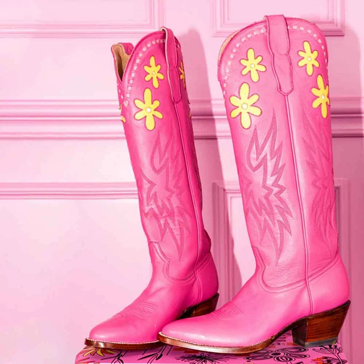 Pink Chunky Heel Embroidered Wide Calf Knee Flower Cowboy Boots |FSJ Shoes