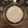 10 Pack | 10" Round Plastic Dinner Plates in Vintage Taupe, Gold Leaf Embossed Baroque Disposable Plates