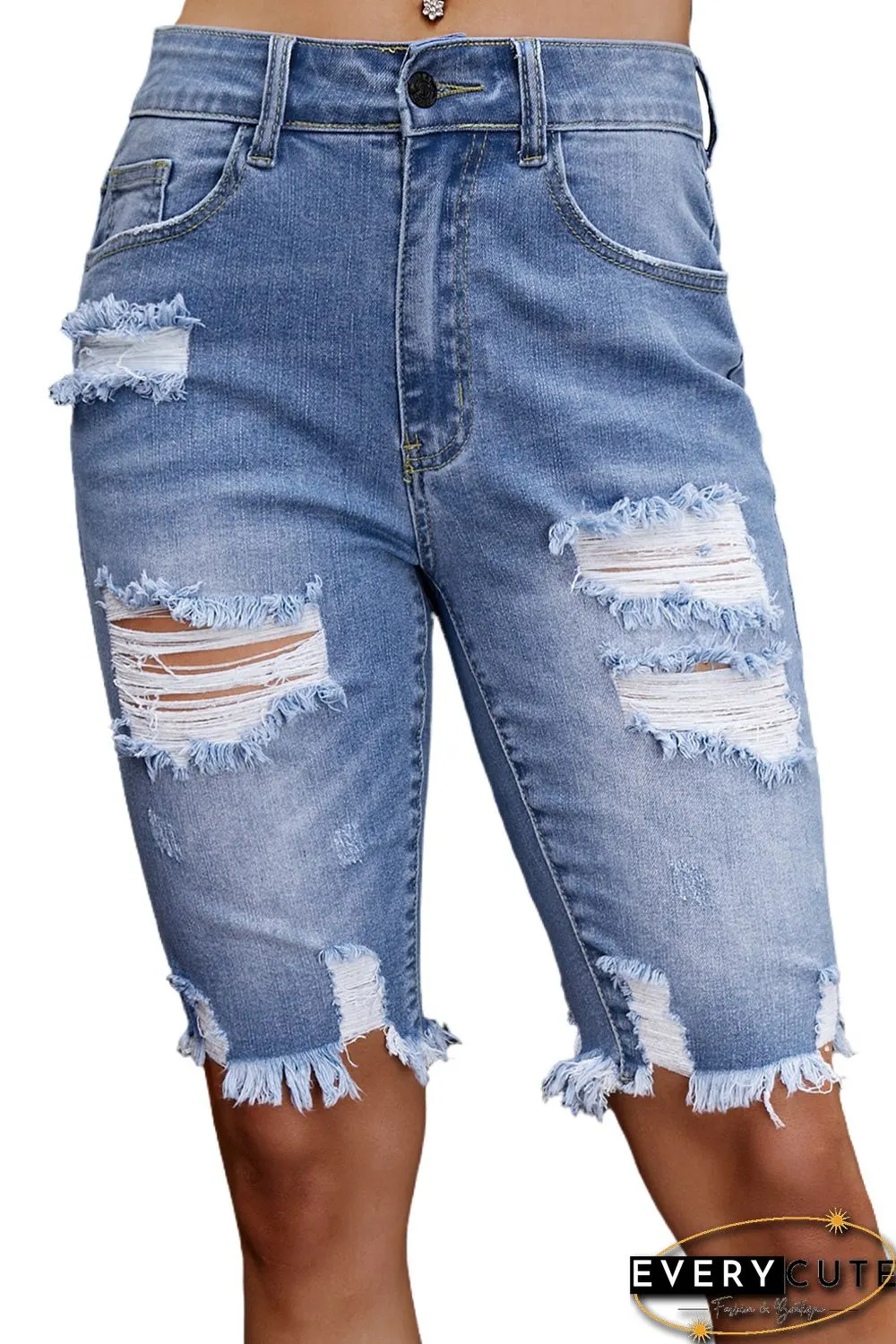 Sky Blue Ripped Tassel Bermuda Jean Shorts