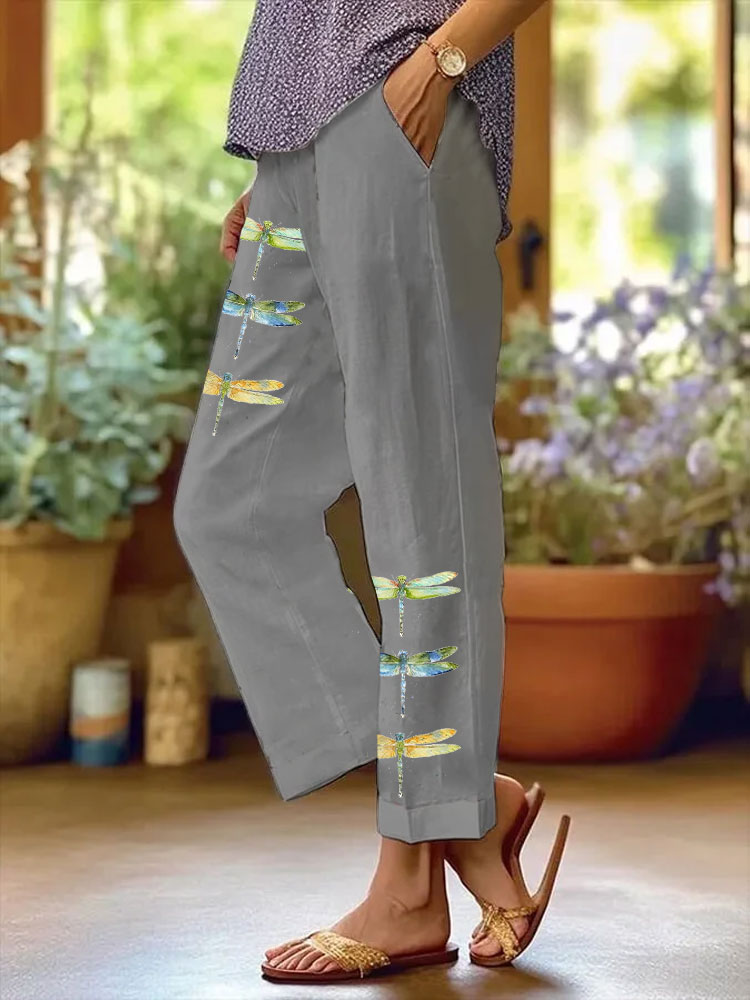 Comstylish Women's Watercolor Dragonfly Print Casual Pants