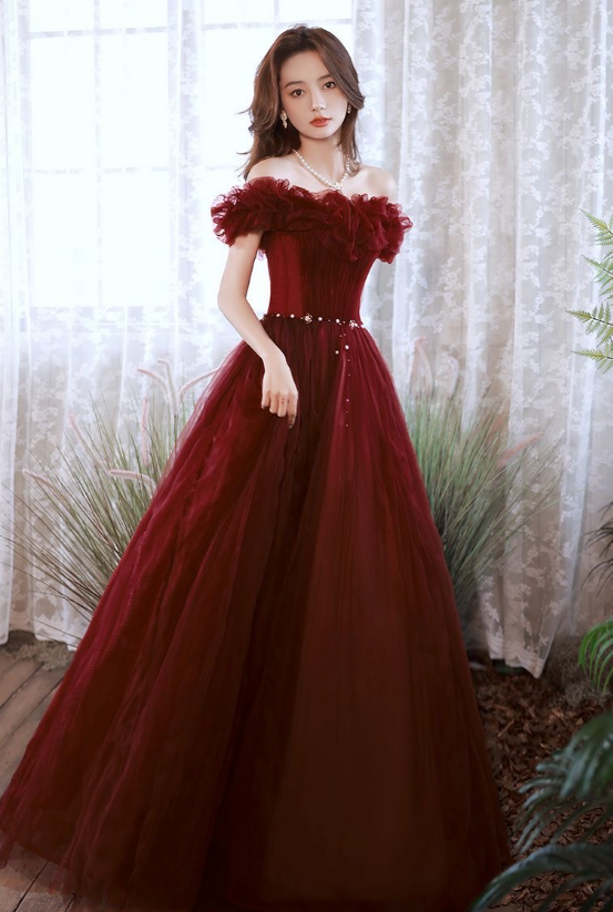 off shoulder burgundy tulle long prom dresses,burgundy fairy prom evening dresses,prom dresses on sales