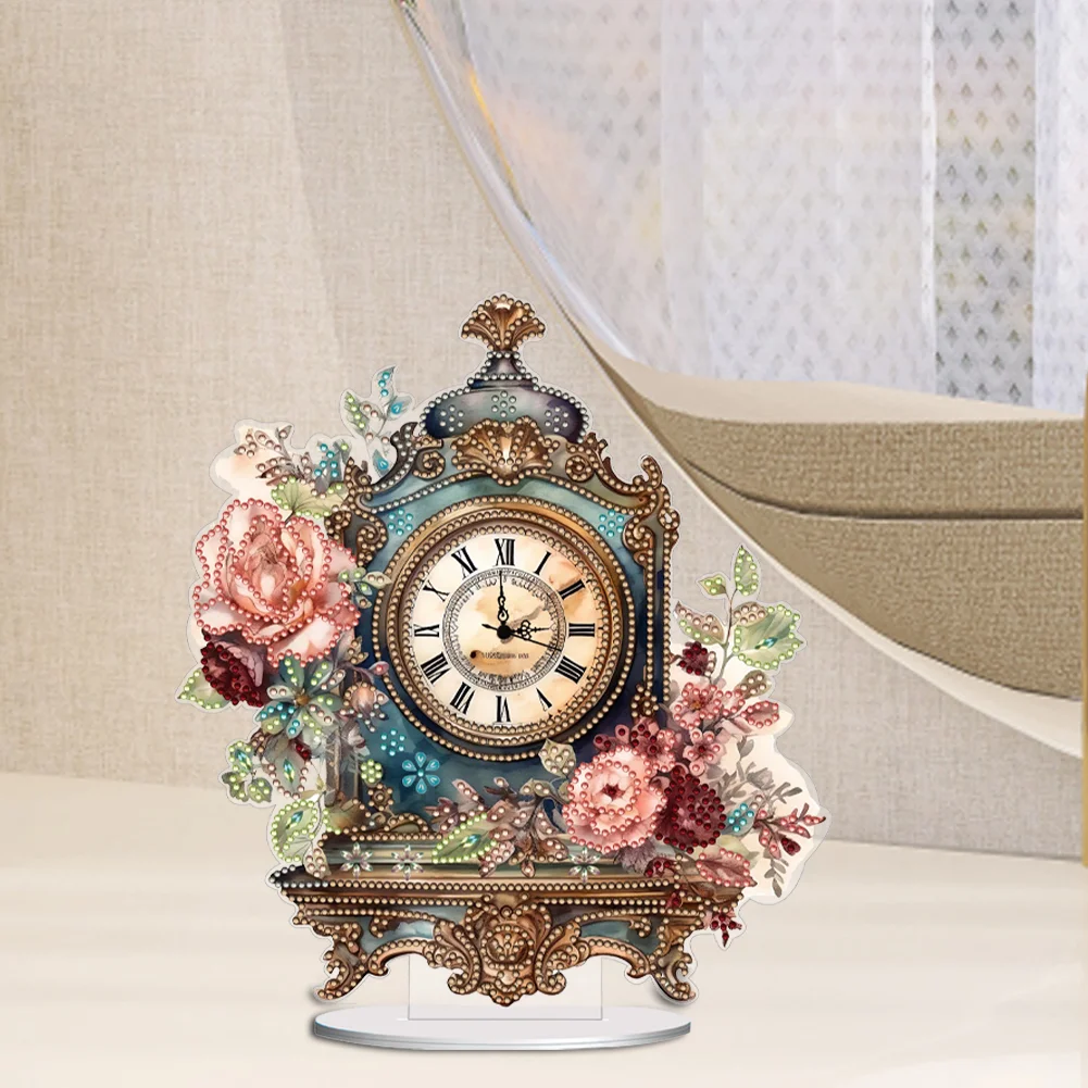 DIY Vintage Flowers Acrylic Special Shaped 5D Diamond Painting Clock Art Craft