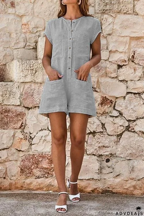 Button Pockets Short Sleeve Romper