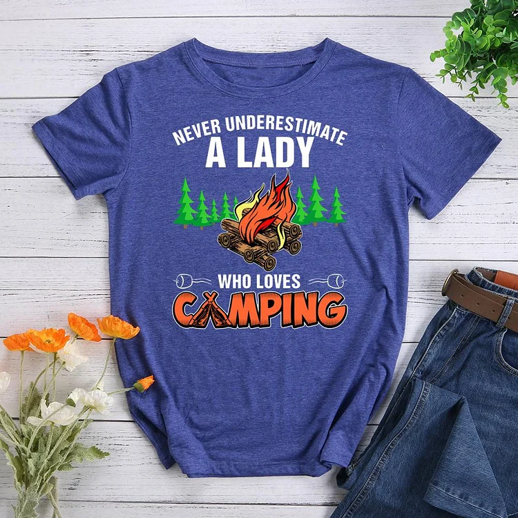 Never Underestimate a Lady Who Love Camping Round Neck T-shirt-017927