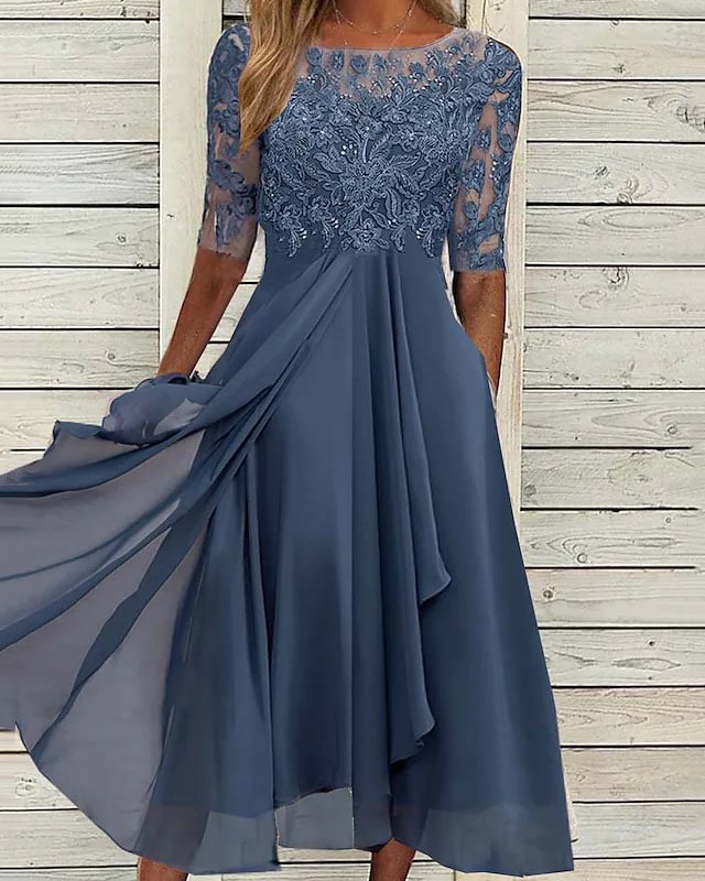 Round Neck Lace Swing Elegant Occasion Formal Midi Dresses