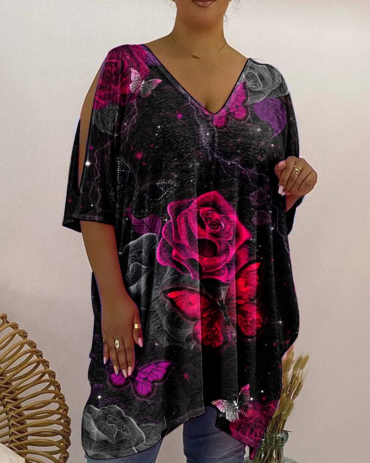 Floral Butterflies Print V-Neck Loose T-Shirt