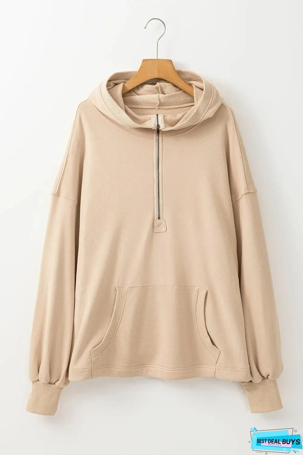 Parchment Solid Kangaroo Pocket Half Zipper Oversized Hoodie
