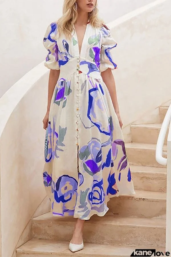 Lover's Gaze Watercolor Floral Printed Puff Sleeve Button Maxi Dress