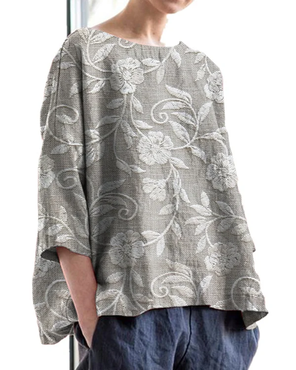 Vintage Floral Lace Embroidery Print Round Neck Linen Loose Top