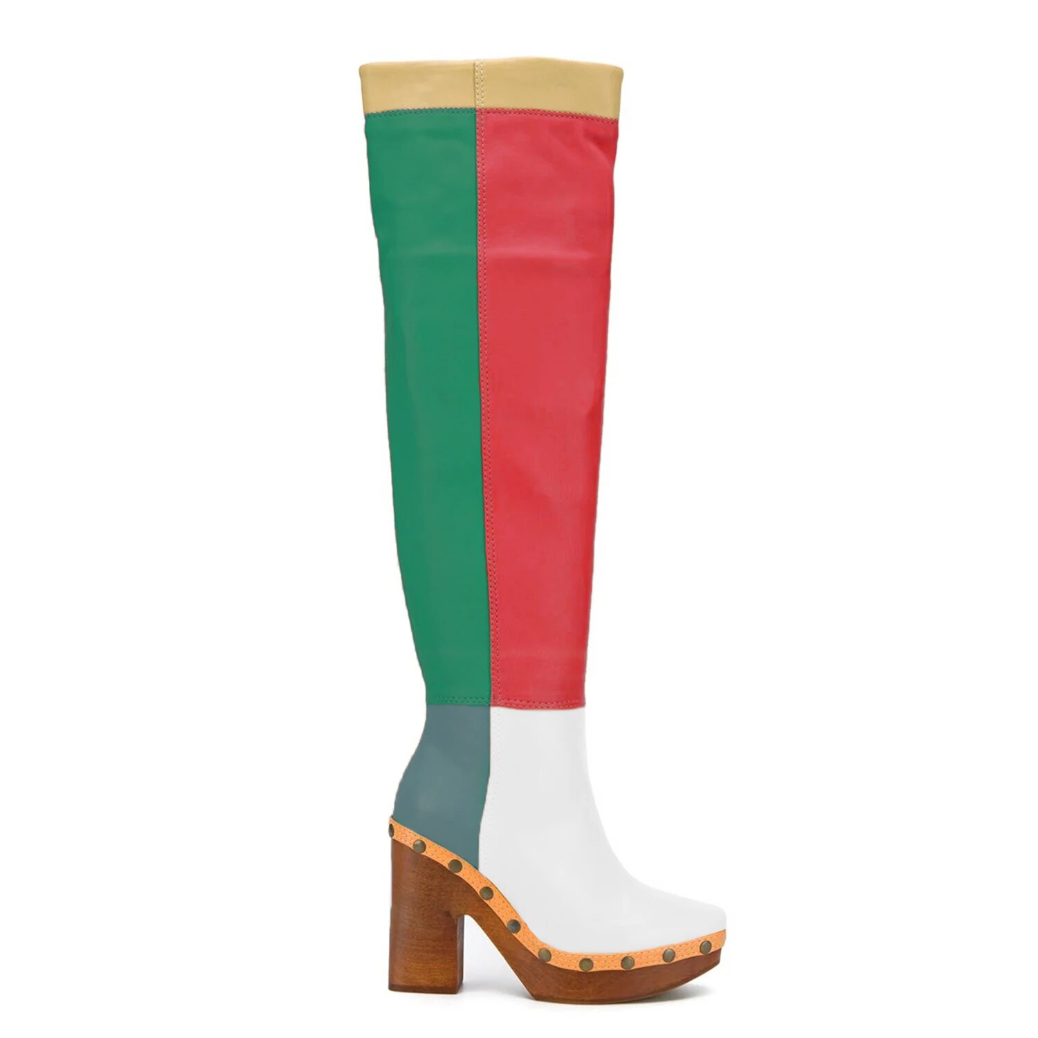 TAAFO Multicolor Rivet Cork Platform Square Heels Women Knee-High Boots Round Toe Zipper Ladies Long Booties Size 43 45