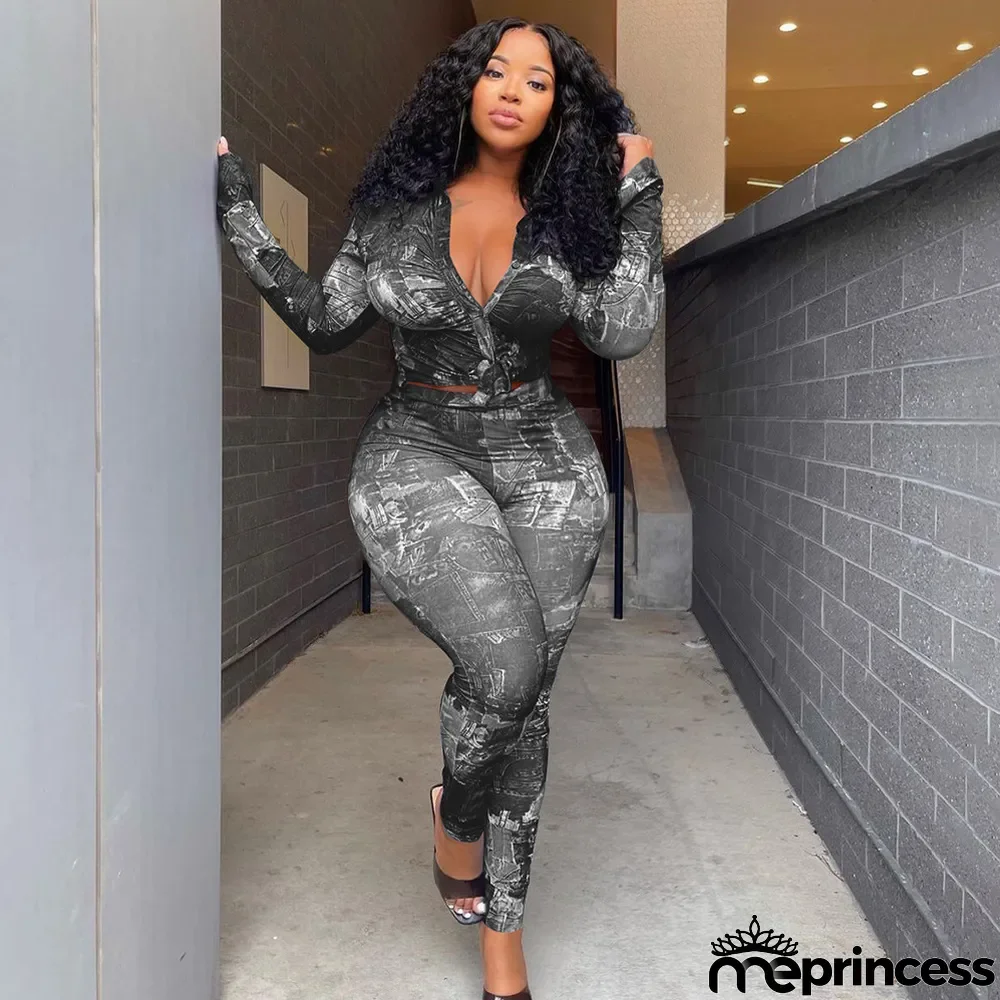 Fashion Printed Ruffle Sleeve Shirt And Pants 2 Piece Sets